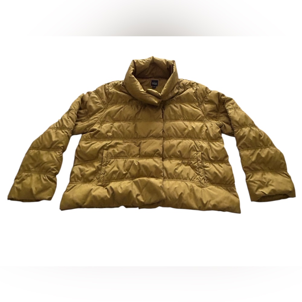 Eileen Fisher Eggshell Recycled Nylon Stand Collar Short Puffer Coat Mustard XL
